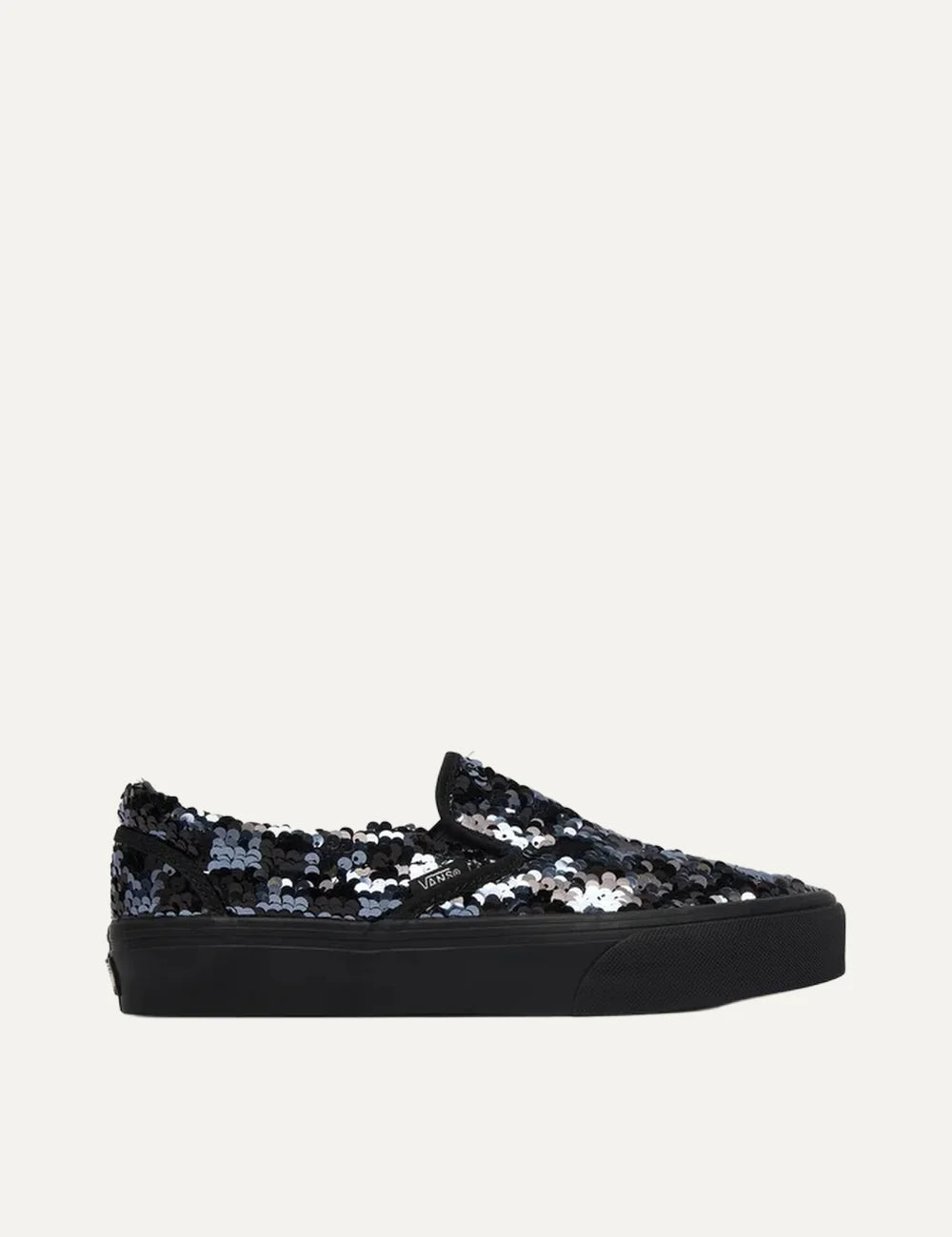 Vans Classic Slip-On women's black sneakers with black and silver sequins, elastic side panels and black rubber sole side view