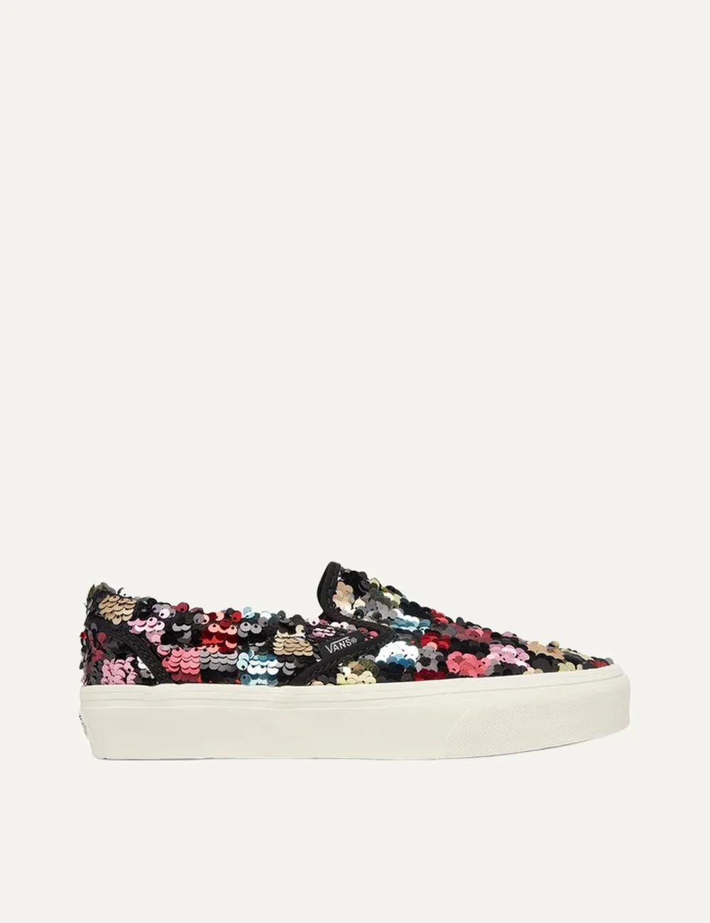 Vans Classic Slip-On women's sneakers in black with multicolored sequins, elastic side panels and white rubber sole side view