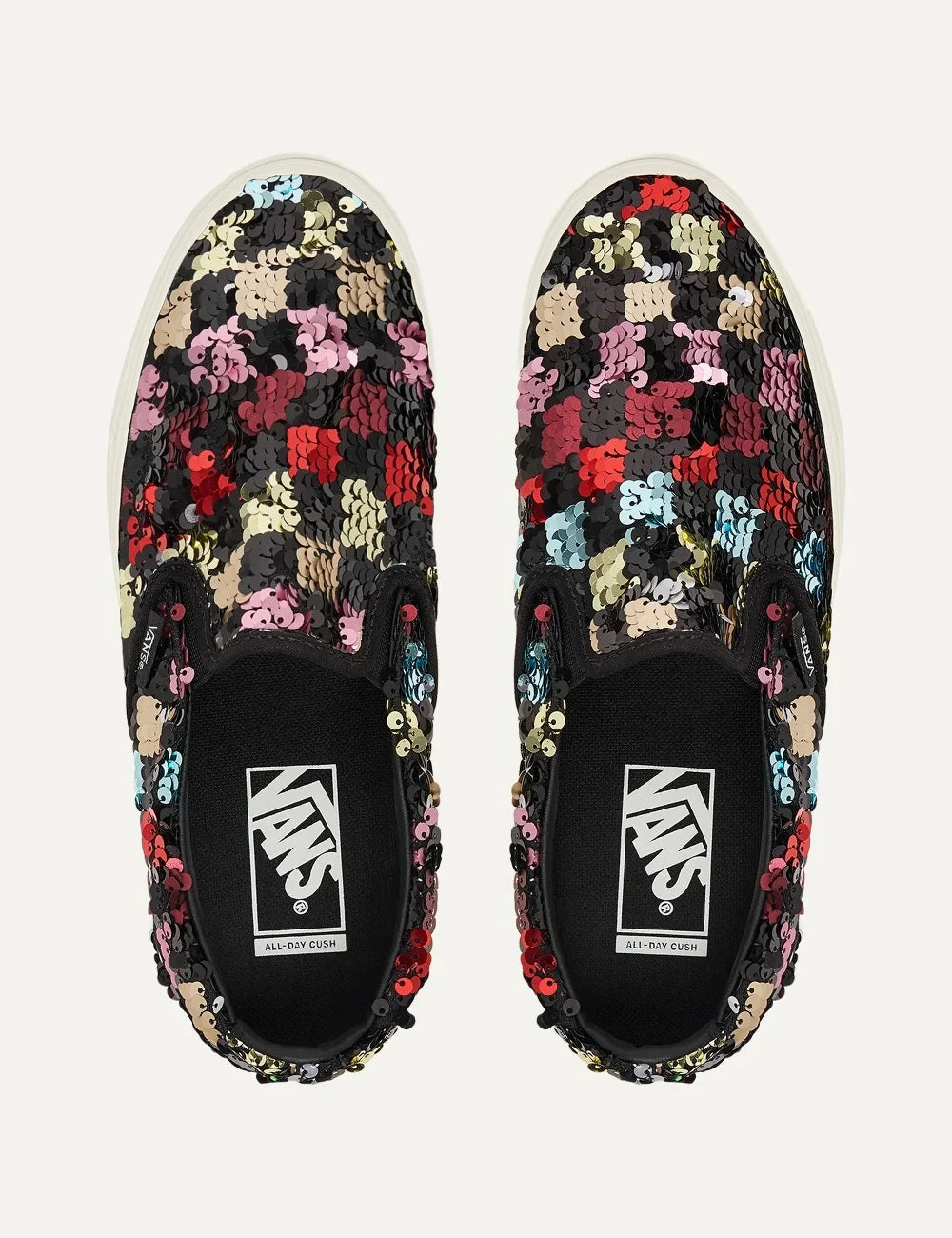 Vans Classic Slip-On women's sneakers in black with multicolored sequins, elastic side panels and white rubber sole top view