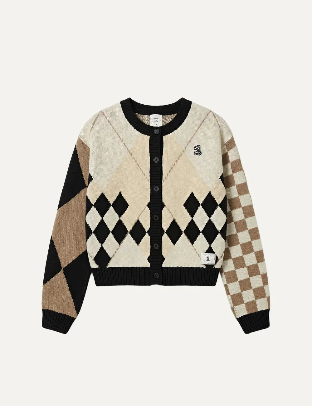 Vans women's cream, black and beige knitted cardigan featuring mixed checkerboard and argyle patterns, round neckline, front button closure, contrasting patterned sleeves and embroidered chest logo.