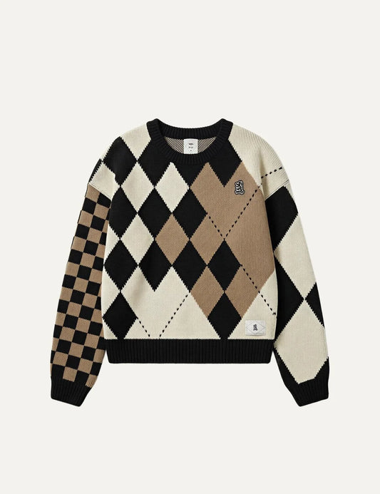 Vans women's cream, black and beige knitted sweater with mixed checkerboard and argyle patterns, crew neck, contrasting patterned sleeves, embroidered chest logo and ribbed trims.