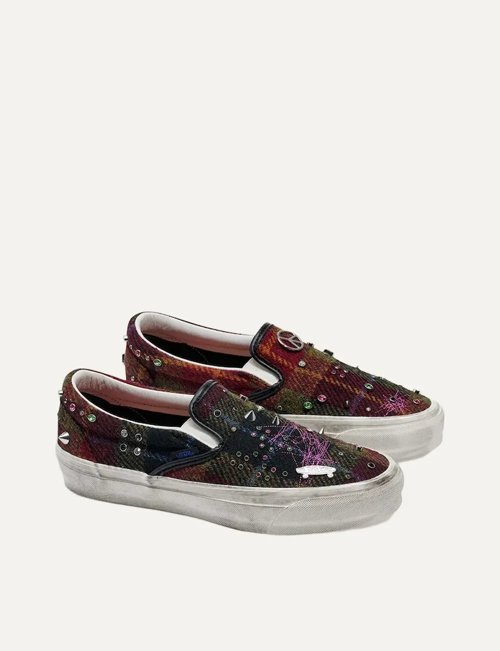Vans x Harris Tweed Premium LX Classic Slip-On 98 women's sneakers in multicolor wool tweed with embroidered details, decorative studs, safety pins and white rubber sole pair side view