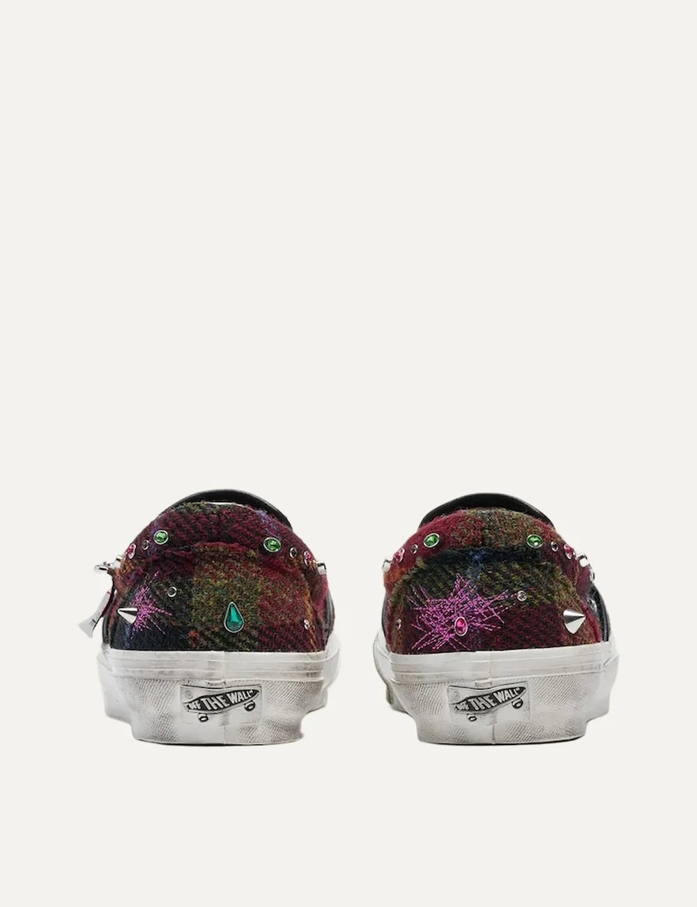 Vans x Harris Tweed Premium LX Classic Slip-On 98 women's sneakers in multicolor wool tweed with embroidered details, decorative studs, safety pins and white rubber sole back view