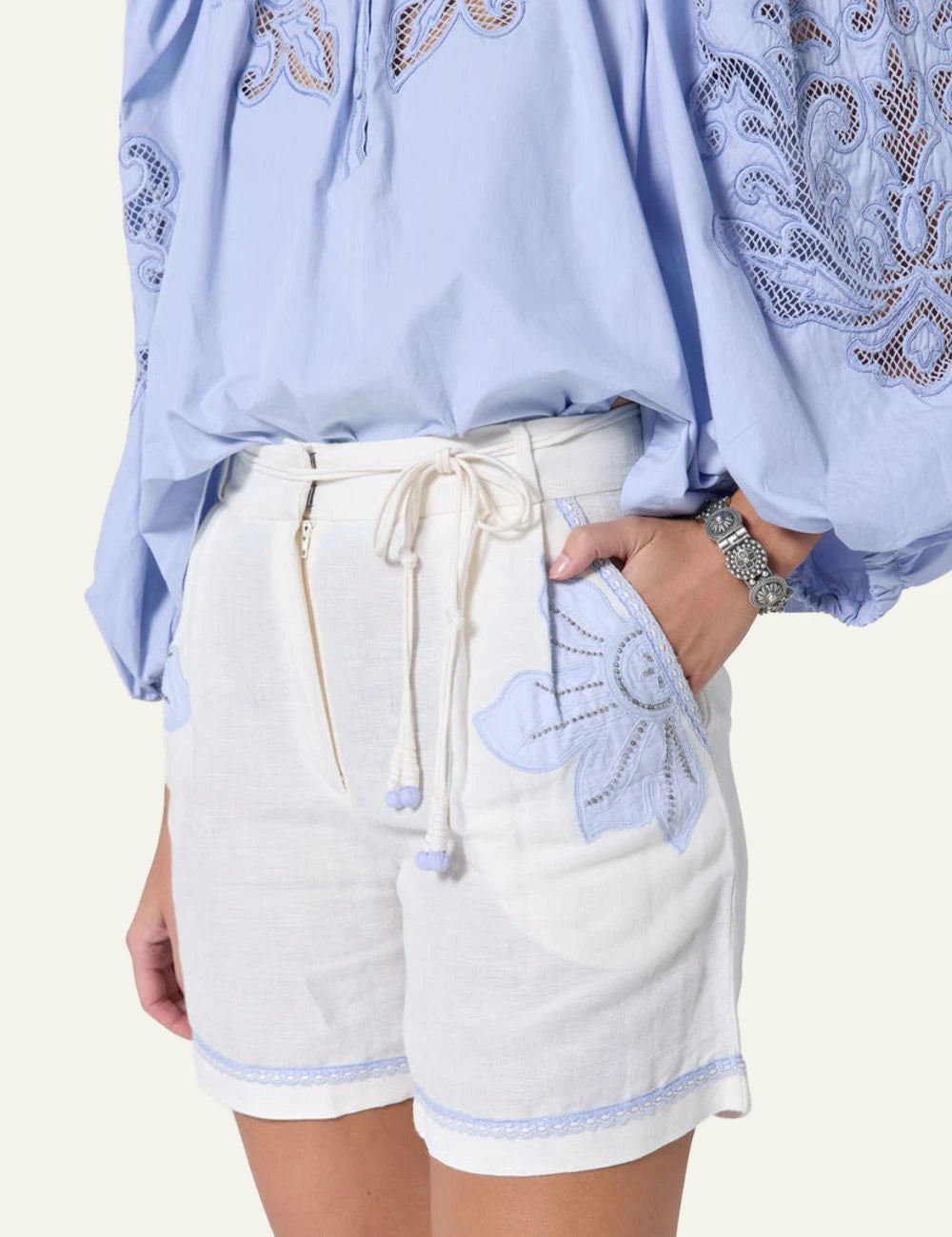 Vareli Shorts Scarlet Poppies Bermuda Off White detail side view