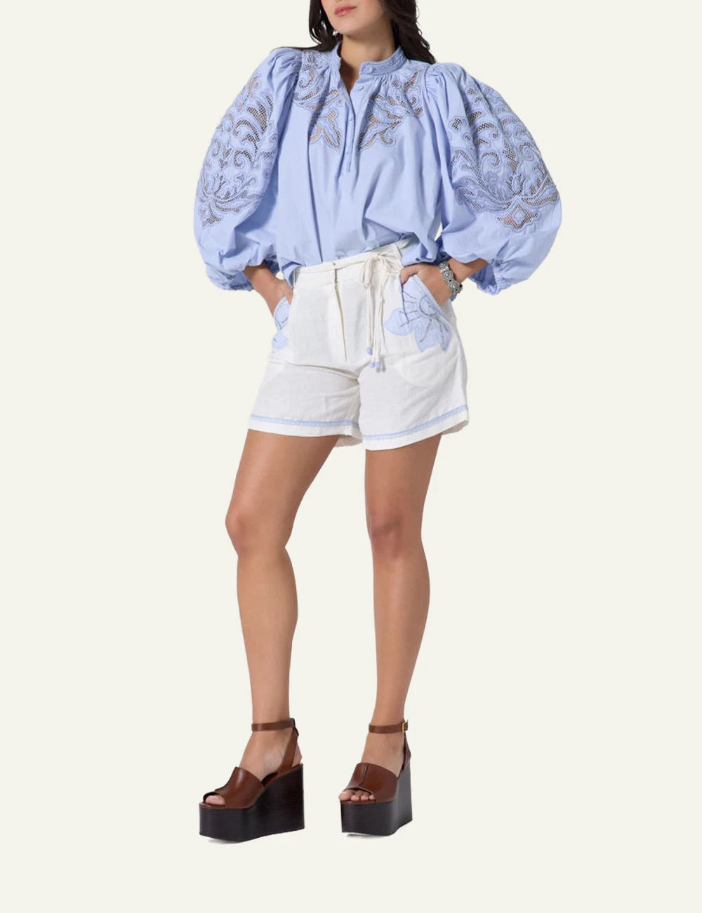 Vareli Shorts Scarlet Poppies Bermuda Off White detail front full body view