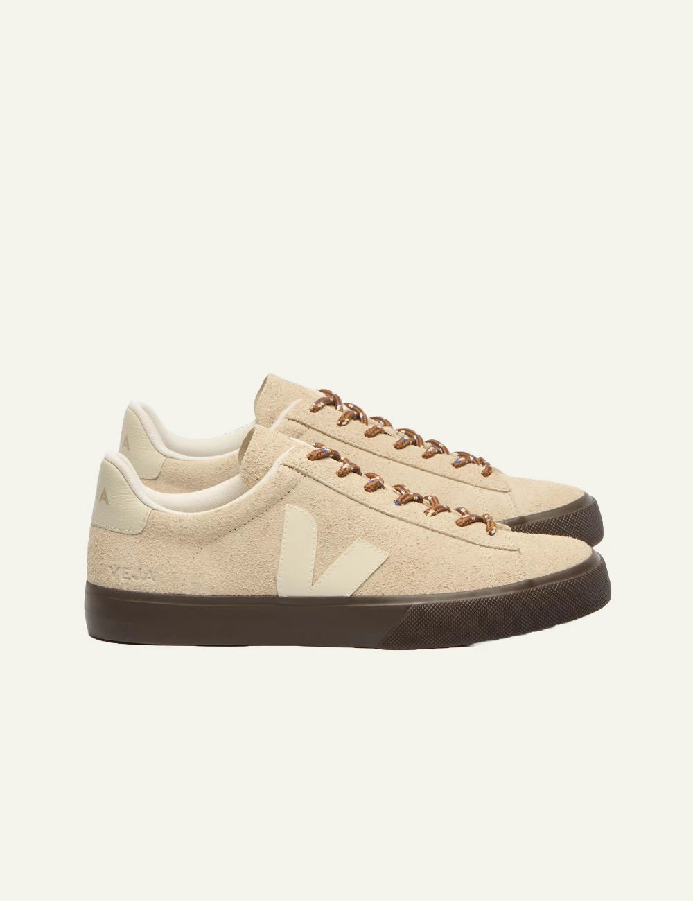 Women's Veja beige suede sneakers with cream V logo and brown sole profile