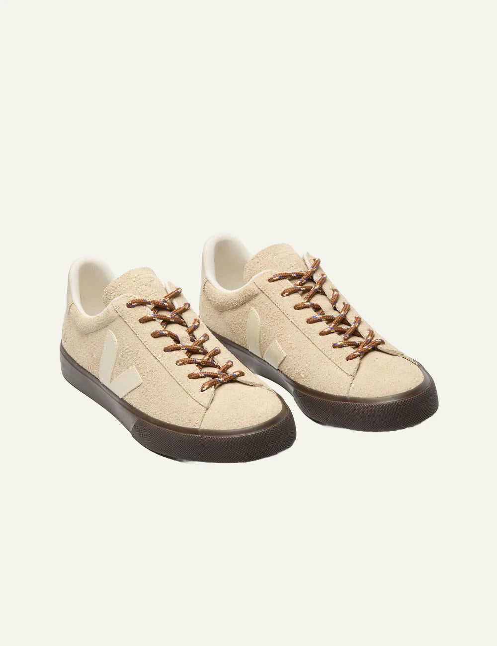 Women's Veja beige suede sneakers with cream V logo and brown sole top