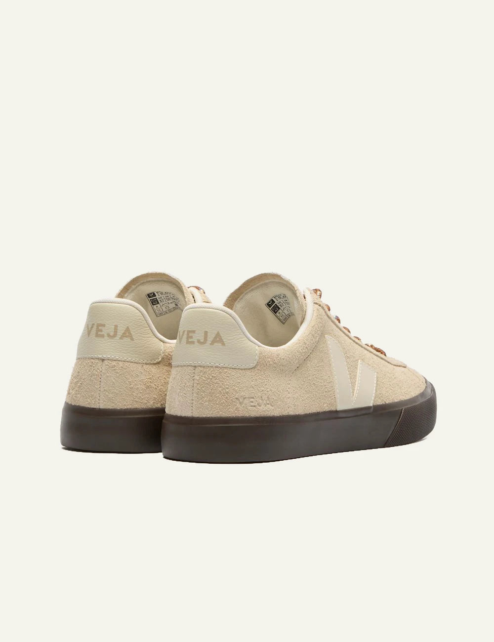 Women's Veja beige suede sneakers with cream V logo and brown sole back
