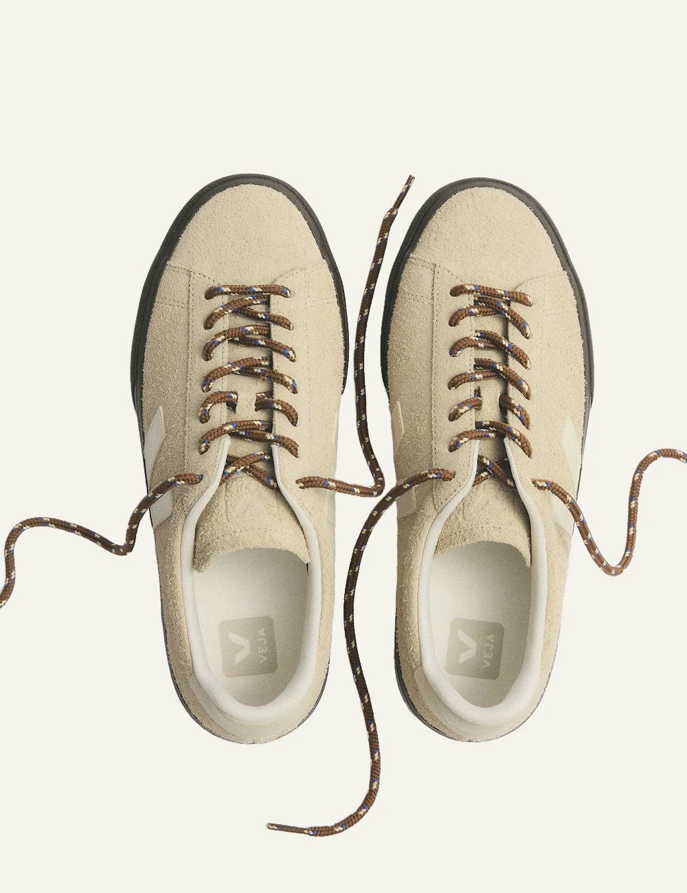 Women's Veja beige suede sneakers with cream V logo and brown sole top