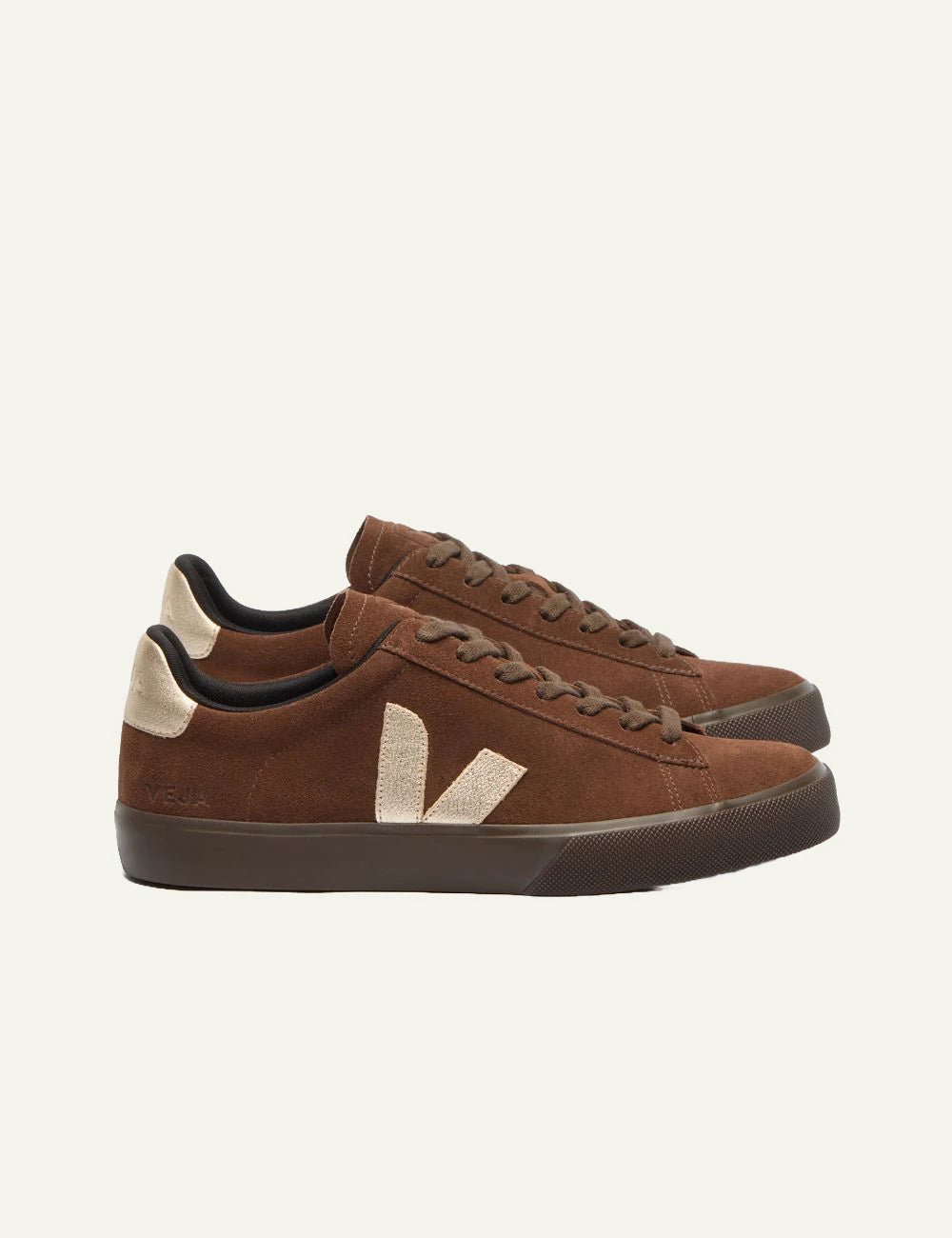 Women's Veja brown suede sneakers with metallic gold V logo side