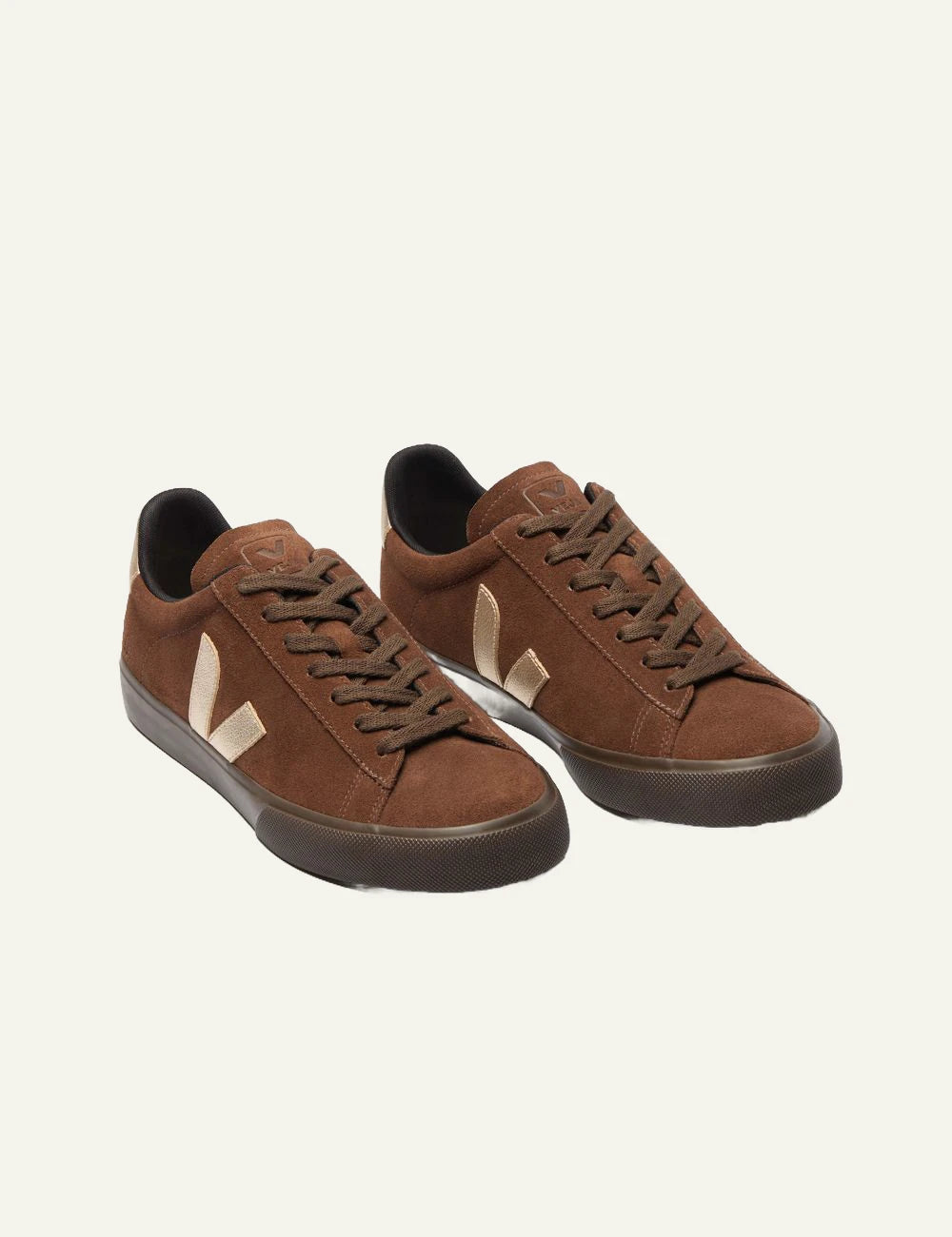 Women's Veja brown suede sneakers with metallic gold V logo profile