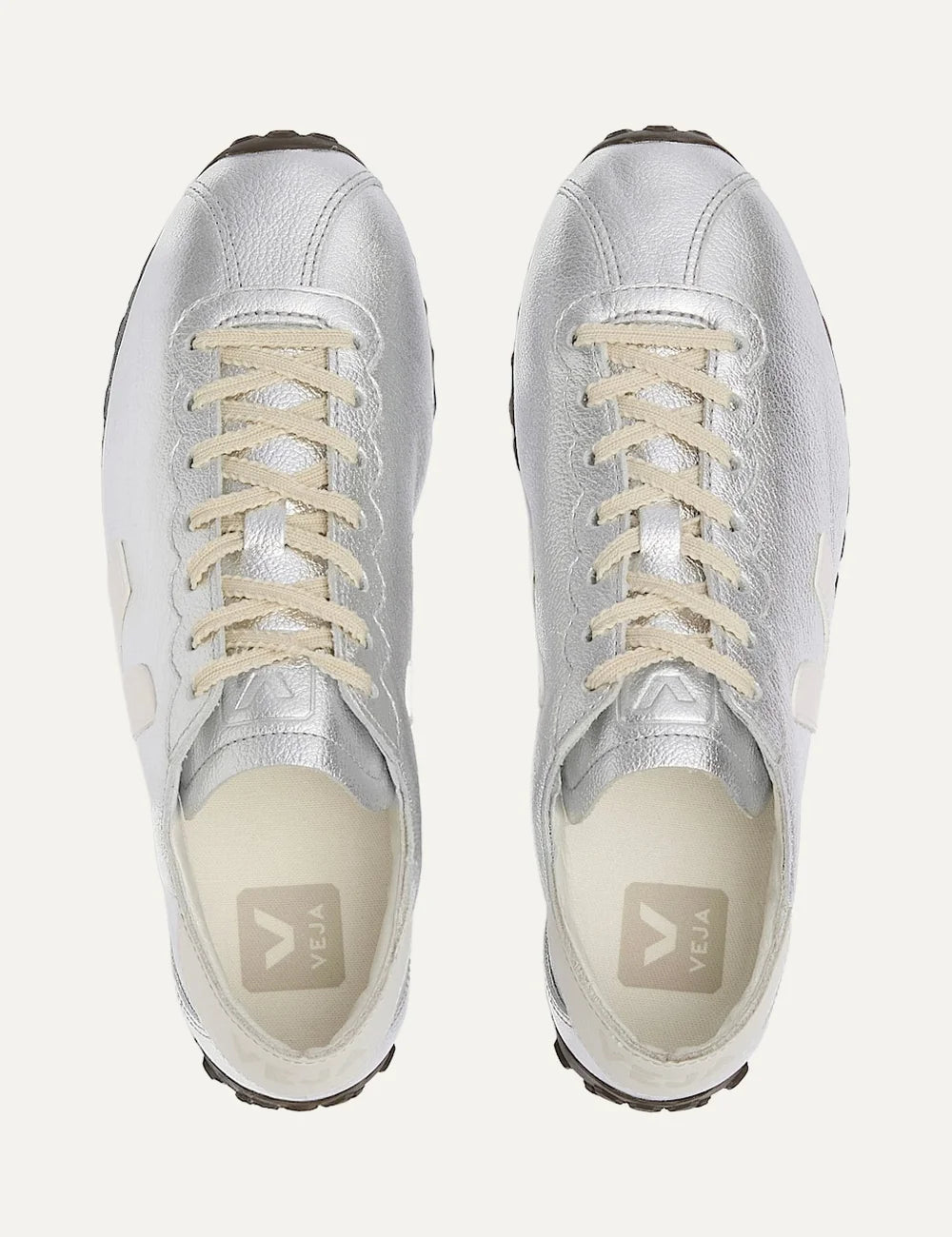 VEJA unisex Cateyes metallic silver leather sneakers with cream V logo top