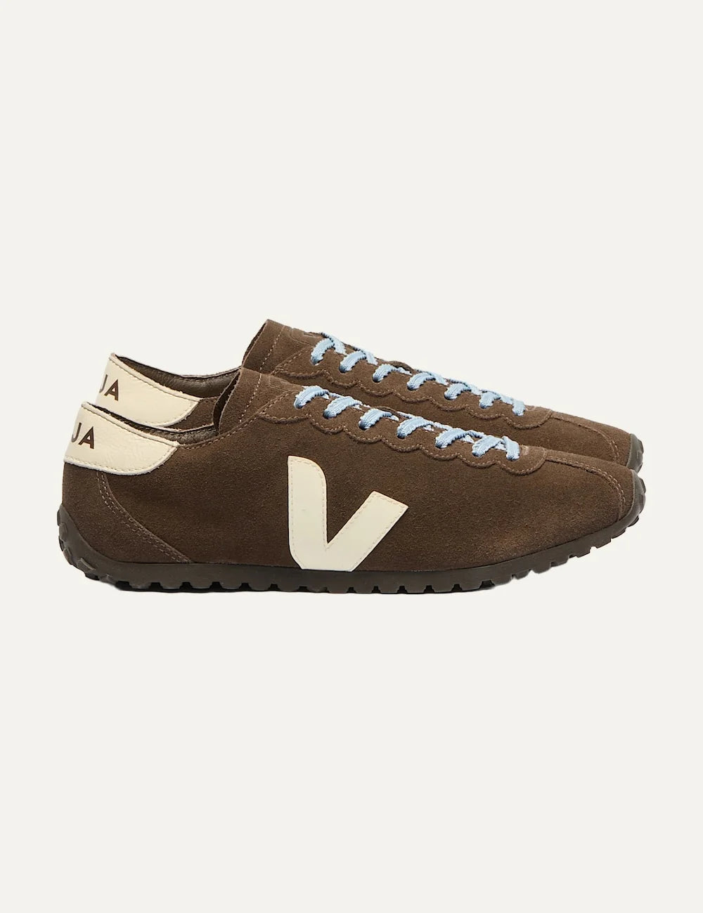 VEJA unisex Cateyes brown suede sneakers with cream V logo and light blue laces profile