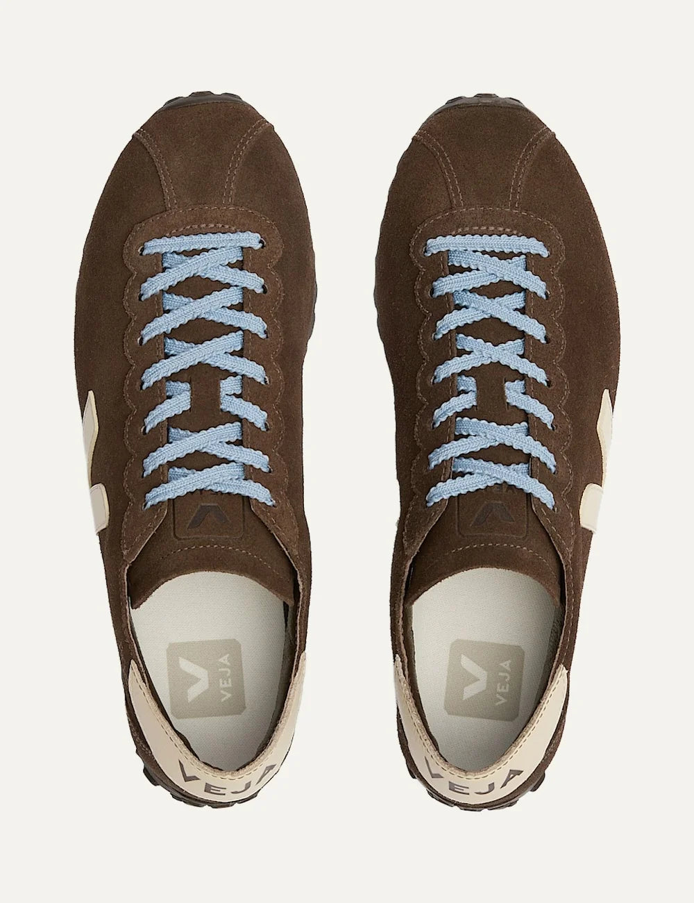 VEJA unisex Cateyes brown suede sneakers with cream V logo and light blue laces top