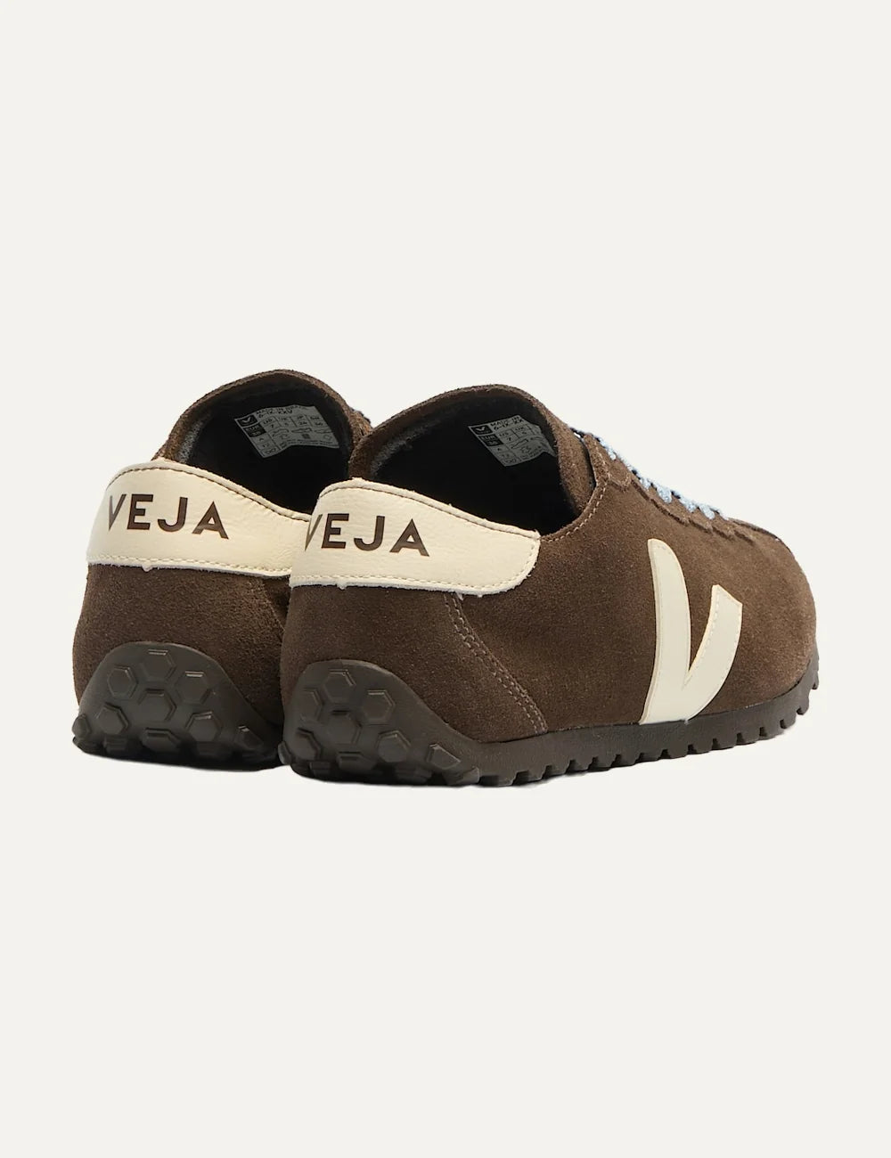 VEJA unisex Cateyes brown suede sneakers with cream V logo and light blue laces back