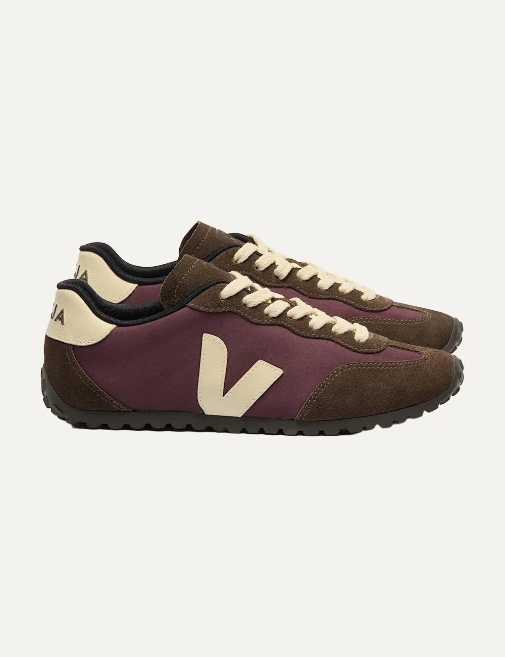 VEJA unisex GT burgundy and brown sneakers with suede panels and cream V logo profile