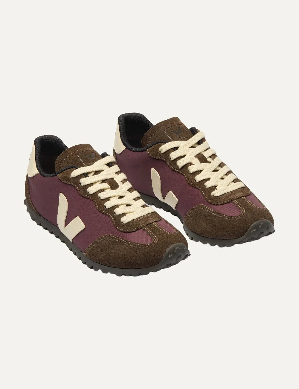VEJA unisex GT burgundy and brown sneakers with suede panels and cream V logo front