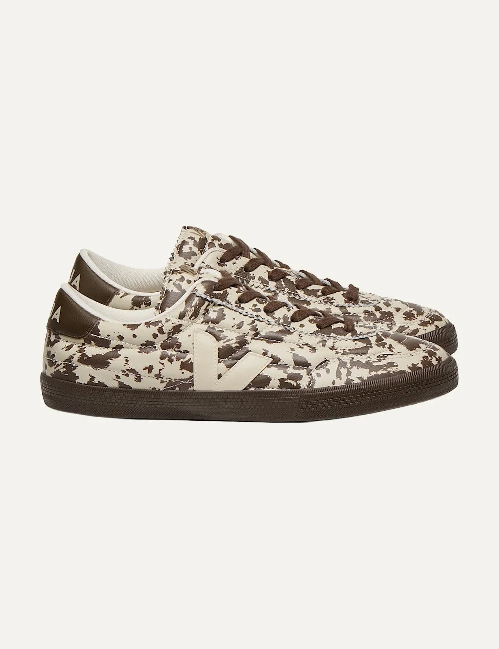 VEJA unisex Panenka leather sneakers with cream and brown animal print and brown rubber sole profile