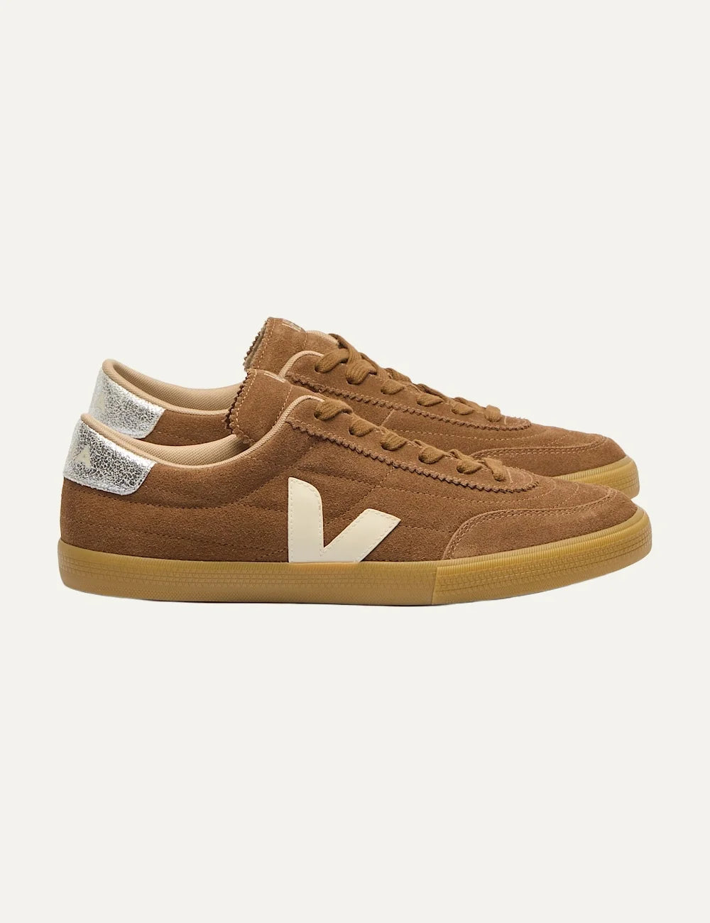 VEJA unisex Panenka brown suede sneakers with cream V logo and silver heel detail profile