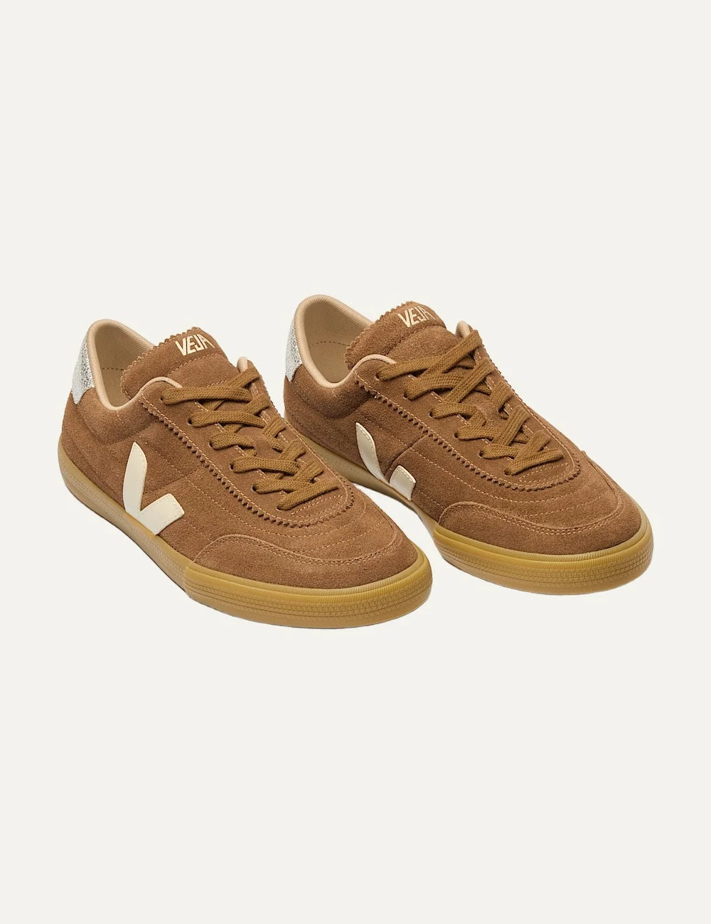 VEJA unisex Panenka brown suede sneakers with cream V logo and silver heel detail top