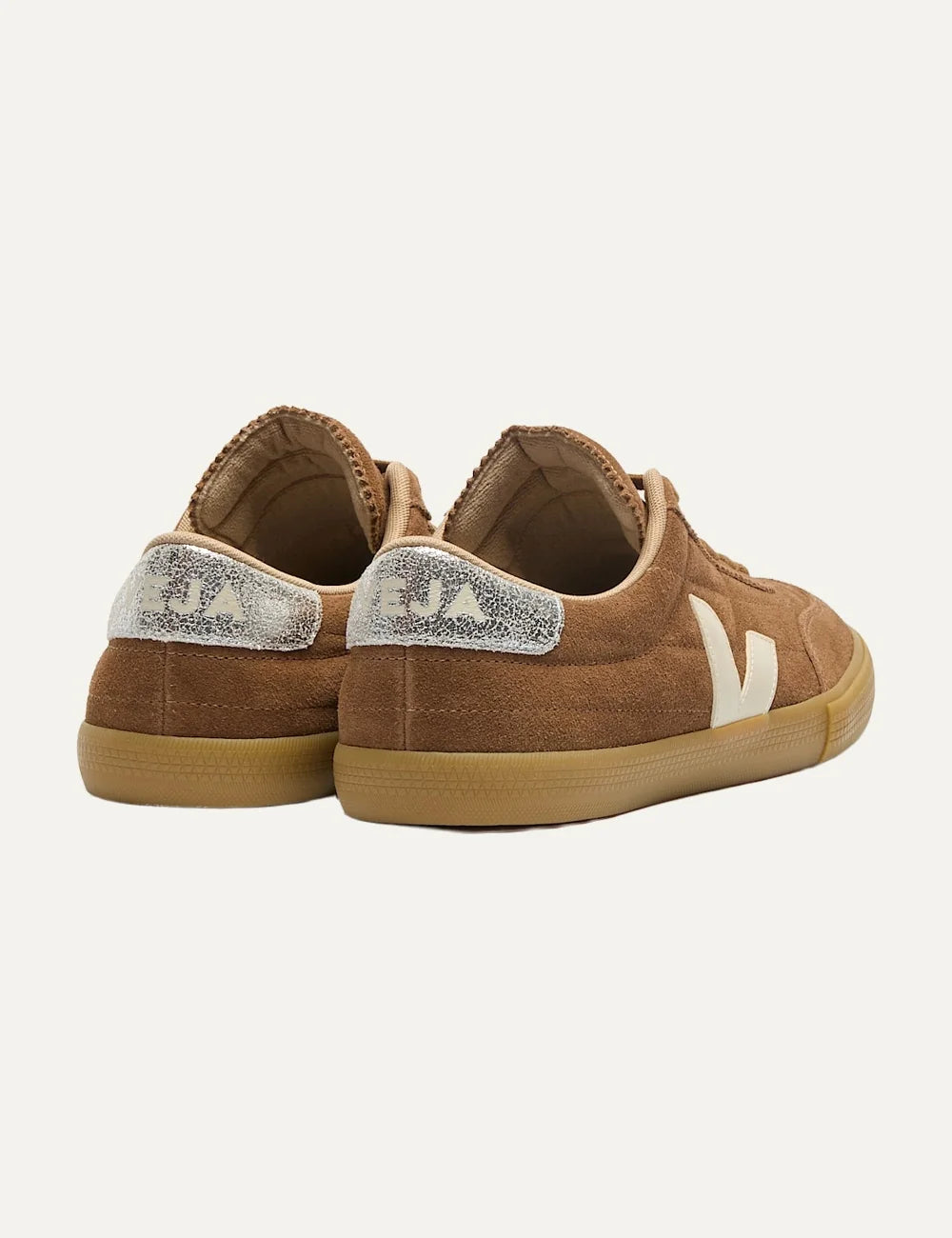 VEJA unisex Panenka brown suede sneakers with cream V logo and silver heel detail back
