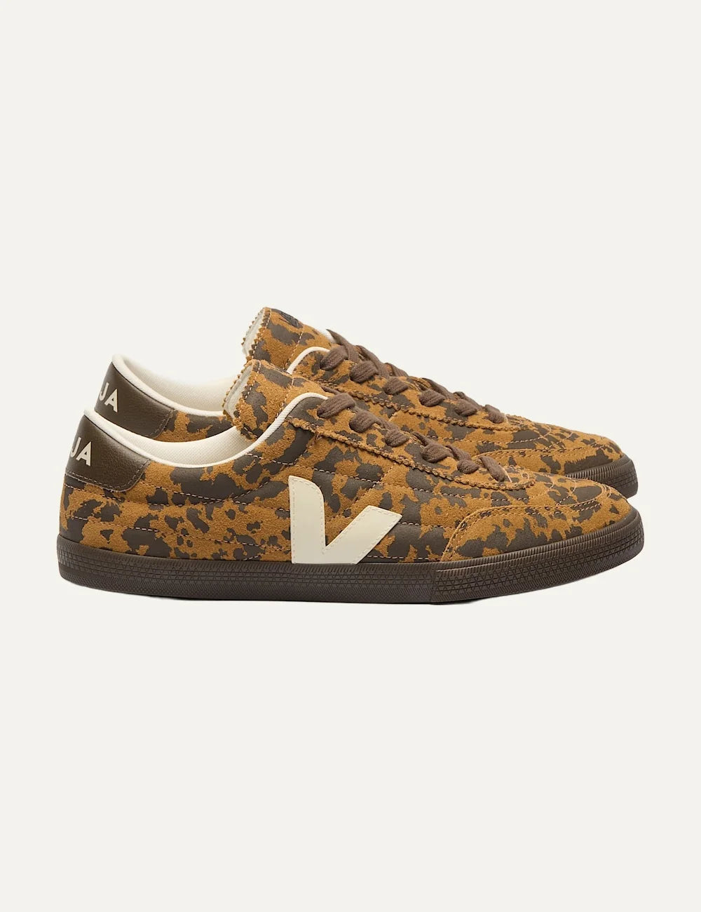 VEJA unisex Panenka suede sneakers with brown and black animal print and cream V logo profile