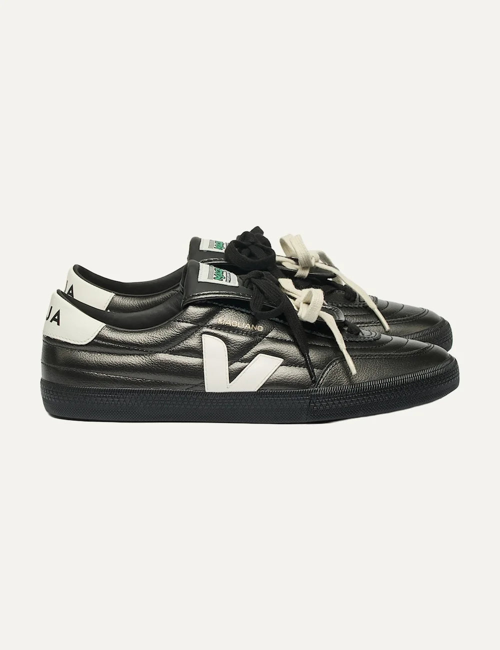 VEJA x Magliano unisex Panenka black leather sneakers with white V logo and folded tongue profle