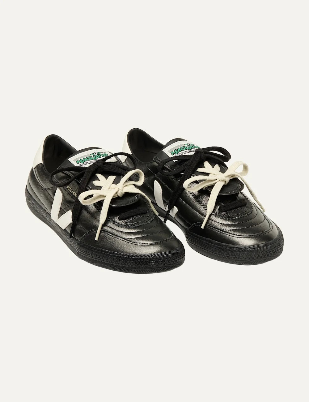 VEJA x Magliano unisex Panenka black leather sneakers with white V logo and folded tongue front