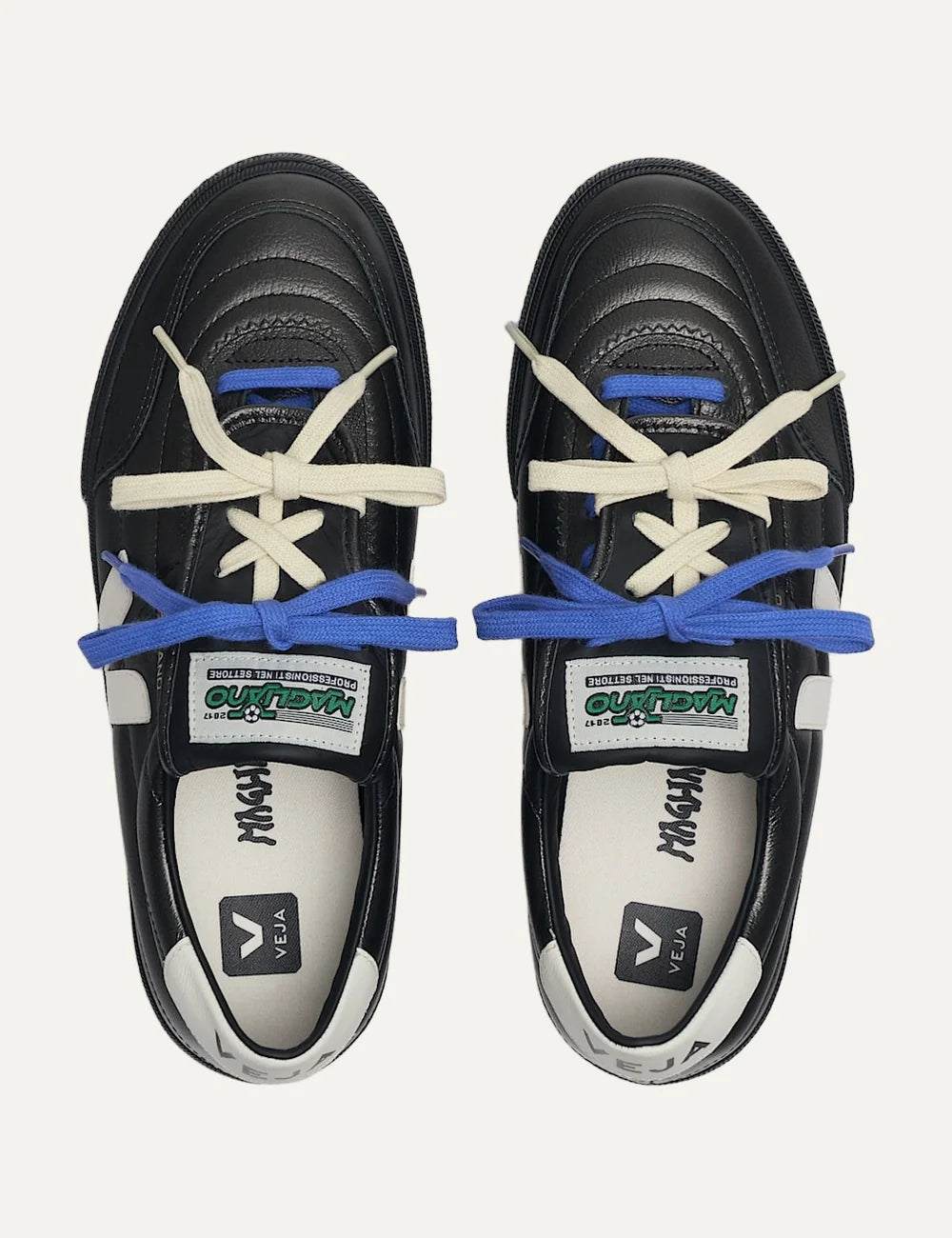VEJA x Magliano unisex Panenka black leather sneakers with white V logo and folded tongue top