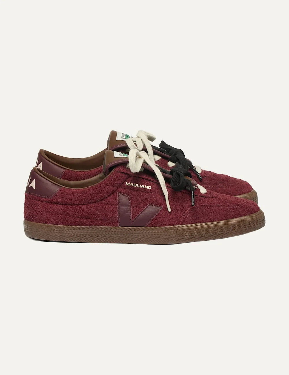 VEJA x Magliano unisex Panenka suede sneakers in burgundy with folded tongue profile