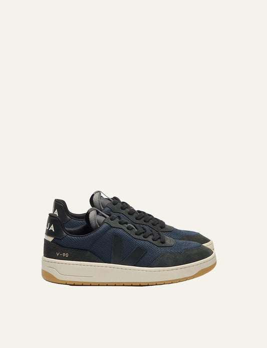 VEJA women's V-90 dark blue mesh sneakers with black suede panels, tonal V logo and cream gum rubber sole.