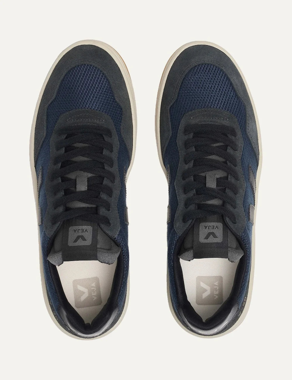 VEJA women's V-90 dark blue mesh sneakers with black suede panels, tonal V logo and cream gum rubber sole top