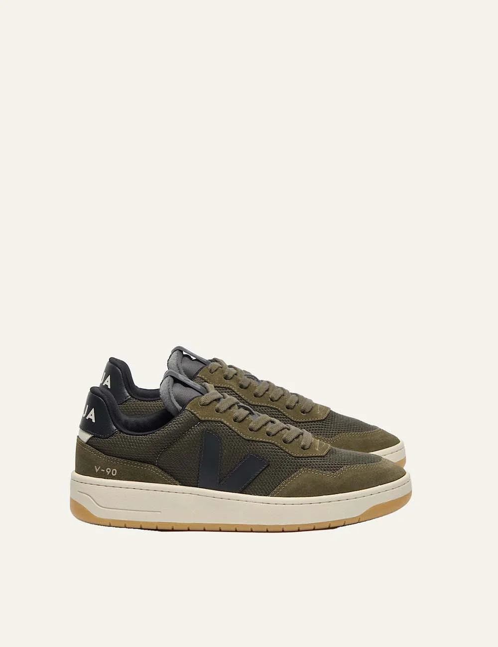 VEJA women's V-90 olive green mesh sneakers with suede panels, black V logo, olive laces and cream gum rubber sole.