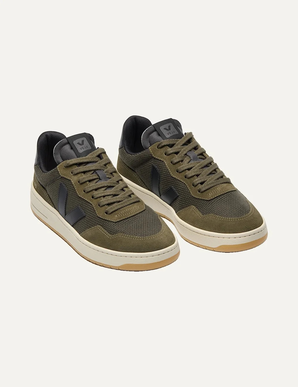 VEJA women's V-90 olive green mesh sneakers with suede panels, black V logo, olive laces and cream gum rubber sole angled