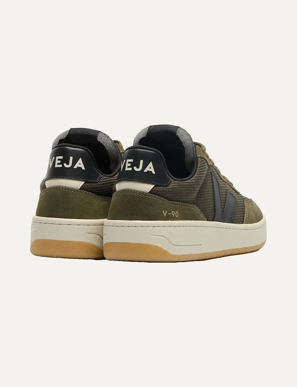 VEJA women's V-90 olive green mesh sneakers with suede panels, black V logo, olive laces and cream gum rubber sole back