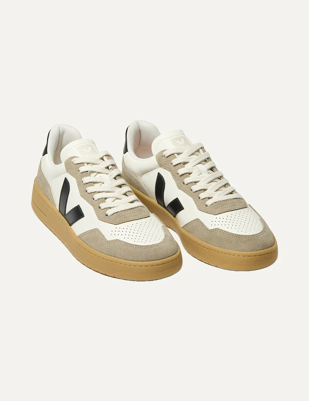 VEJA women's V-90 ecru leather sneakers with beige suede panels, black V logo and caramel rubber sole angled