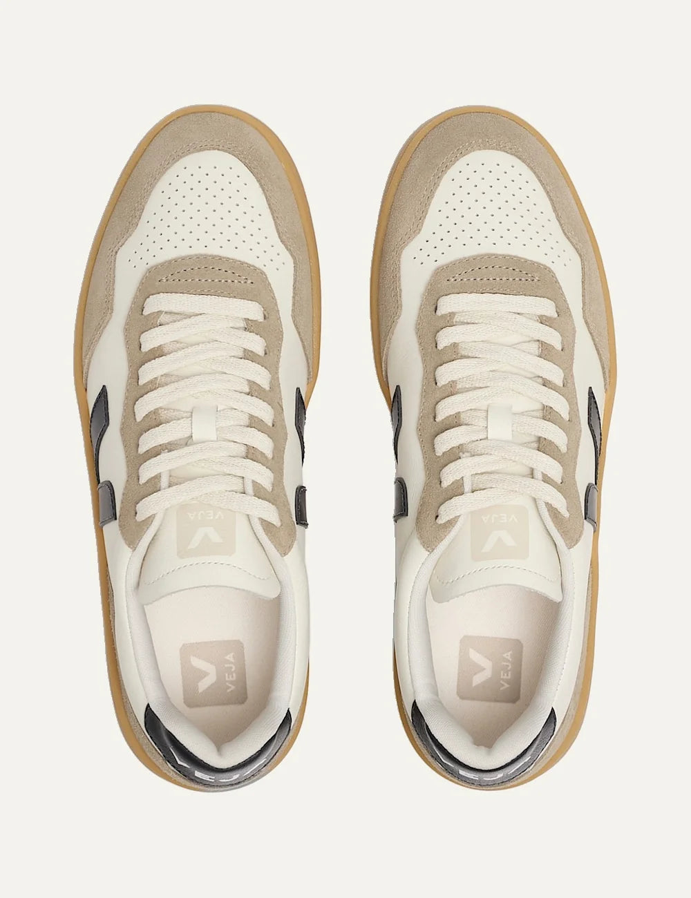 VEJA women's V-90 ecru leather sneakers with beige suede panels, black V logo and caramel rubber sole top
