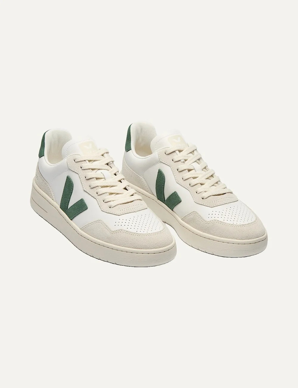 VEJA women's V-90 white leather sneakers with ecru suede panels, green V logo and cream rubber sole angled