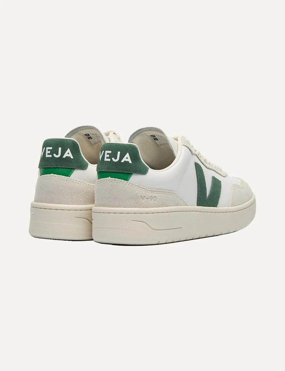 VEJA women's V-90 white leather sneakers with ecru suede panels, green V logo and cream rubber sole back