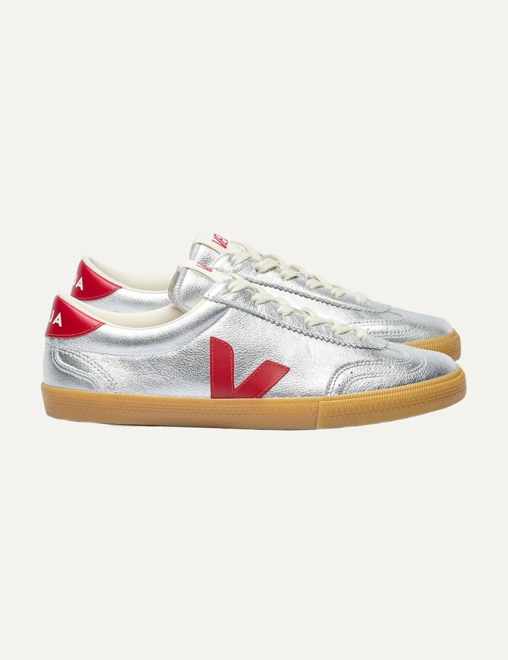 VEJA women's Volley silver metallic leather sneakers with red V logo and gum sole profile