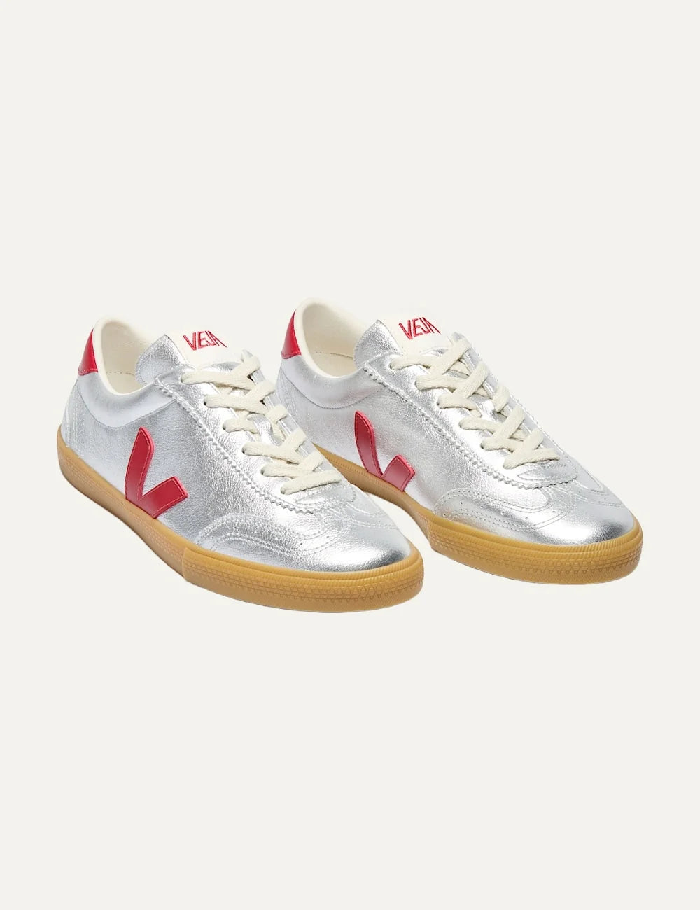 VEJA women's Volley silver metallic leather sneakers with red V logo and gum sole top