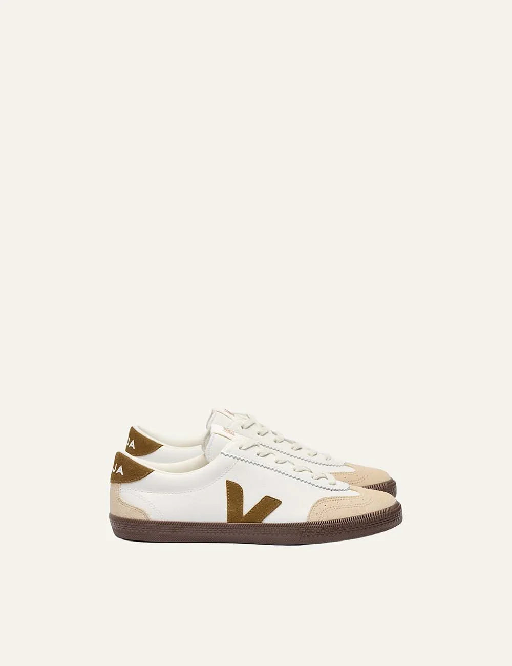 VEJA women's Volley white leather and beige suede sneakers with brown V logo and rubber sole profile