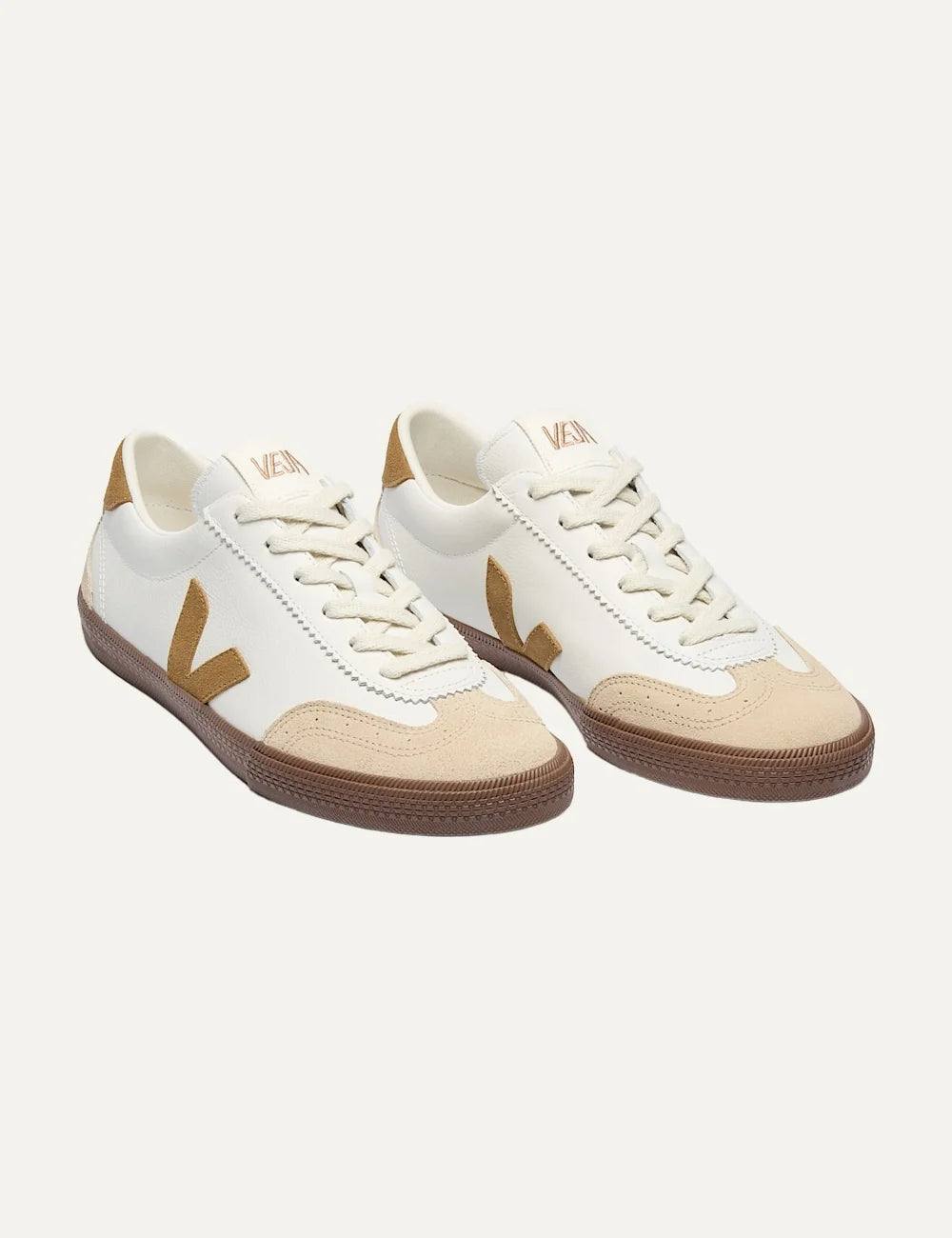 VEJA women's Volley white leather and beige suede sneakers with brown V logo and rubber sole top