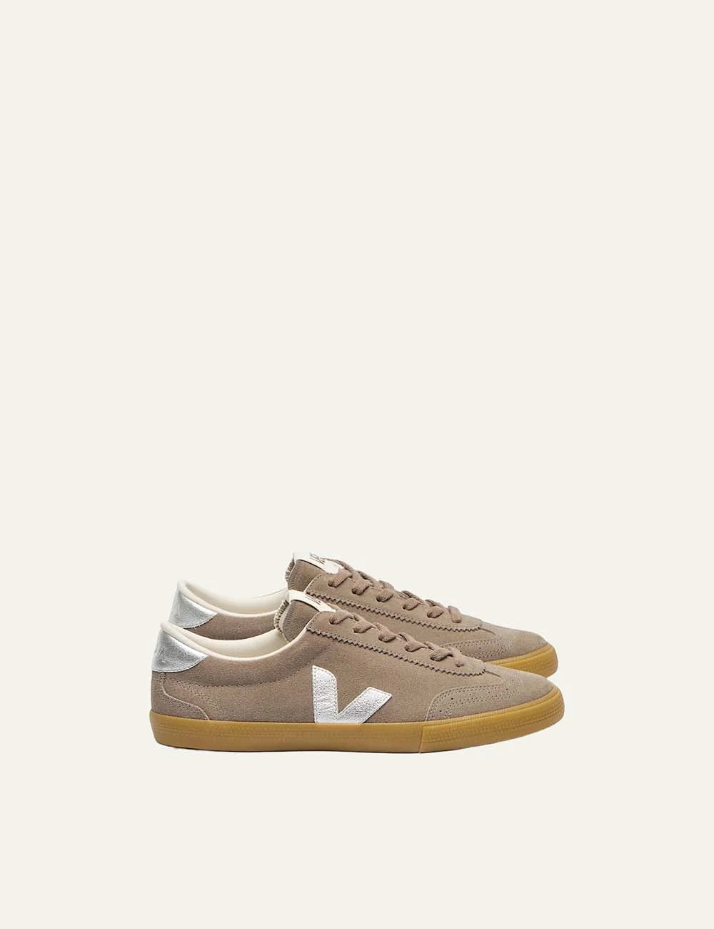 VEJA women's Volley beige suede sneakers with metallic silver V logo and gum sole