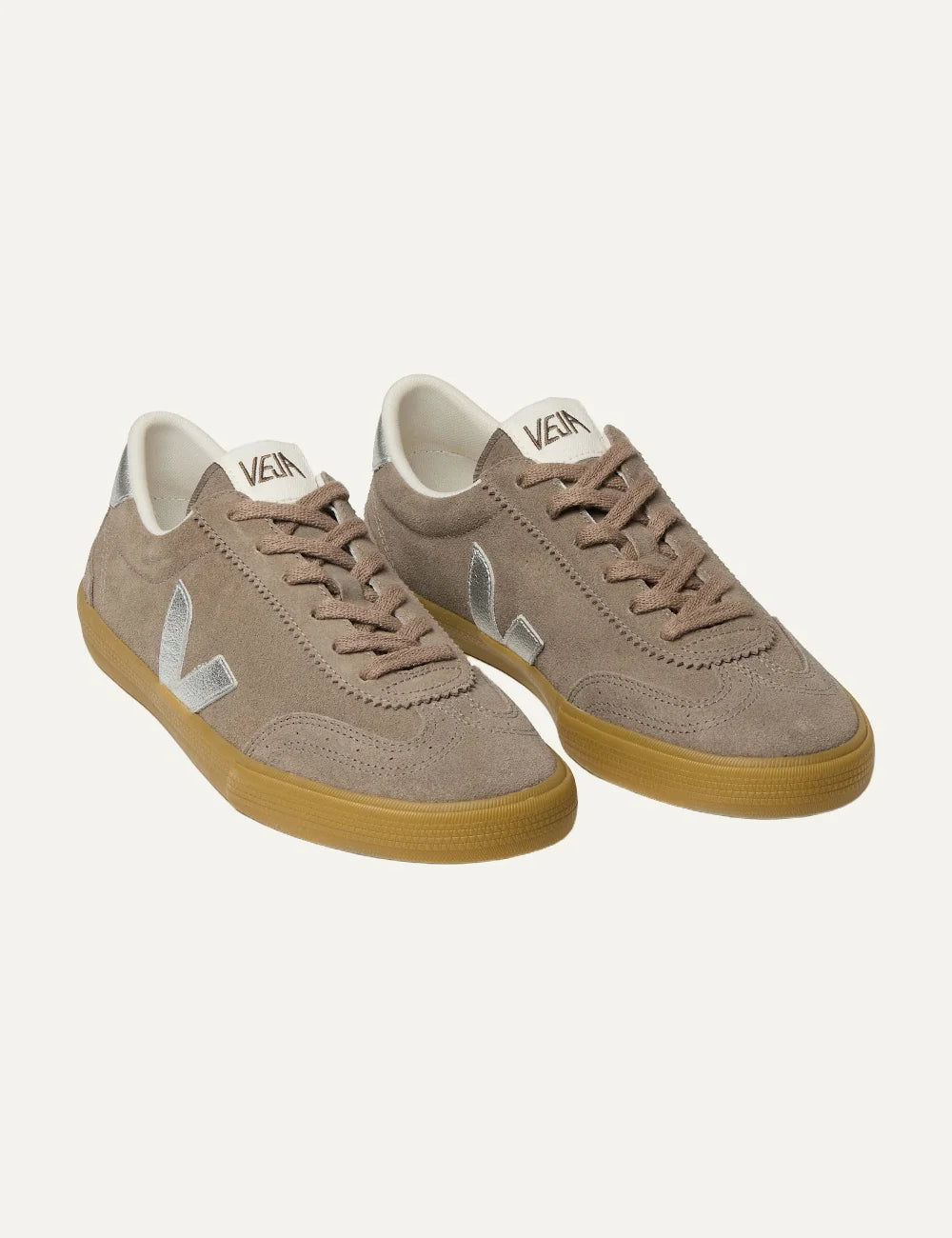 VEJA women's Volley beige suede sneakers with metallic silver V logo and gum sole front