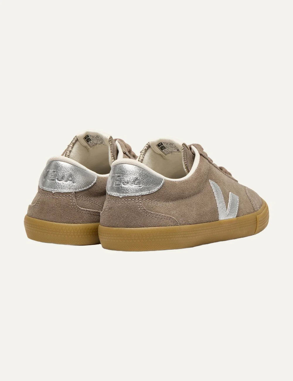 VEJA women's Volley beige suede sneakers with metallic silver V logo and gum sole back