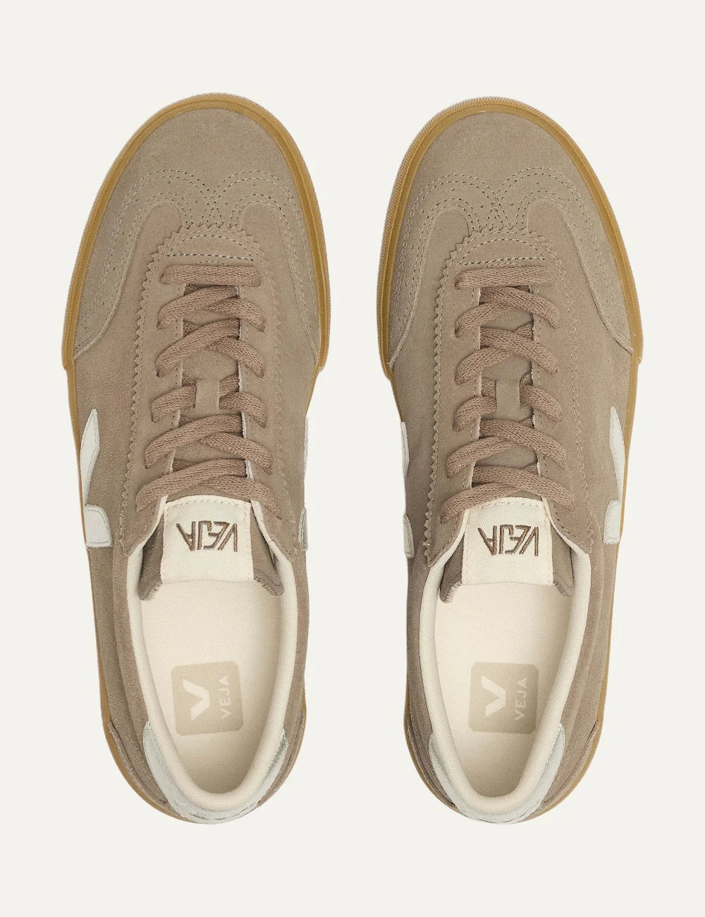 VEJA women's Volley beige suede sneakers with metallic silver V logo and gum sole top