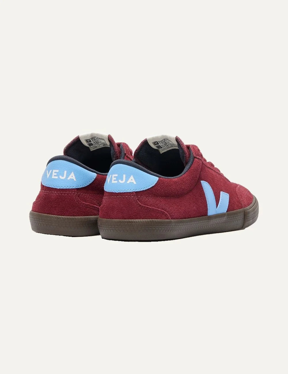 VEJA women's Volley burgundy suede sneakers with light blue V logo, matching laces and dark brown rubber sole back