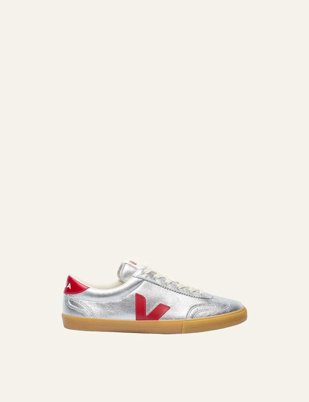 VEJA women's Volley silver metallic leather sneakers with red V logo and gum sole
