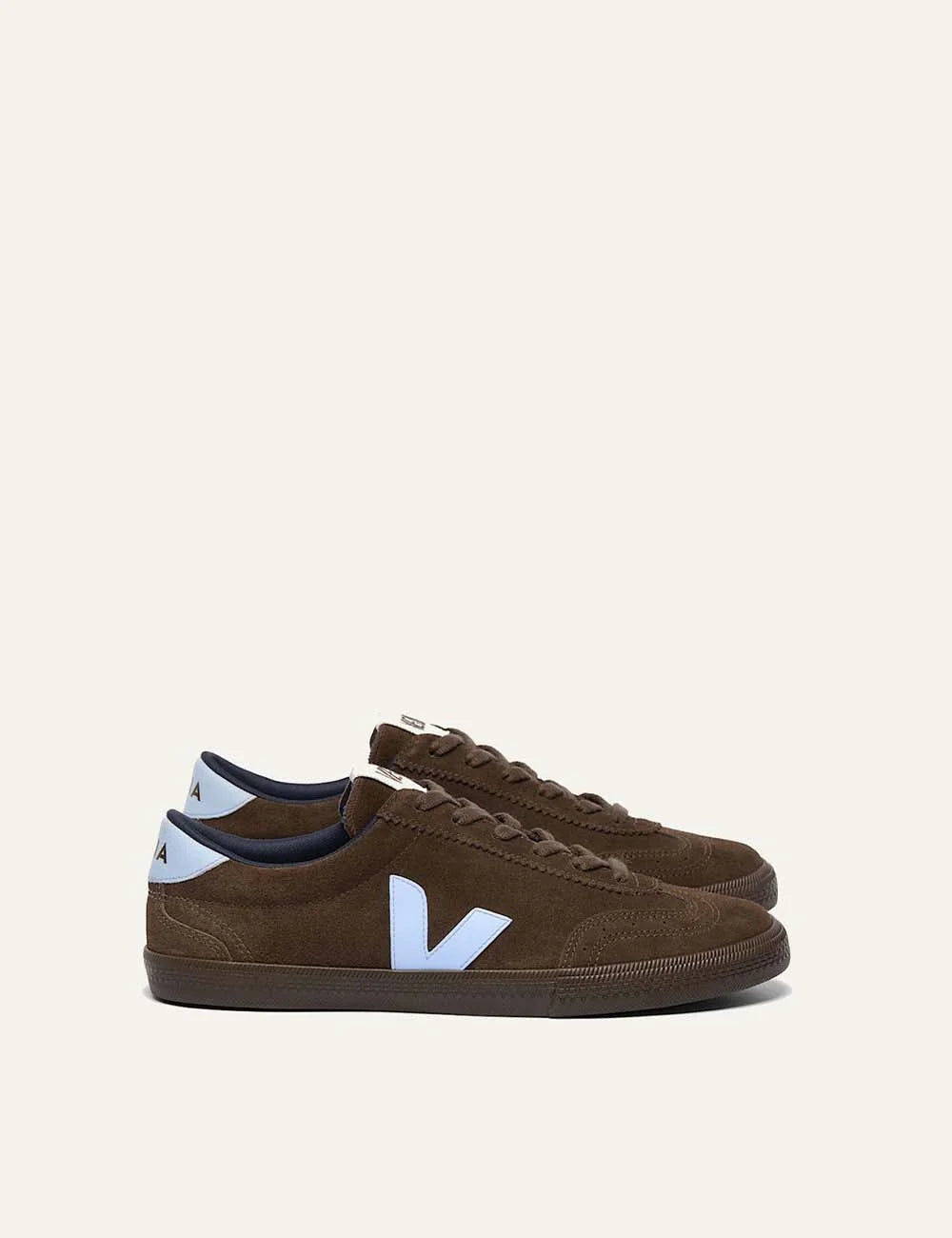 VEJA women's Volley brown suede sneakers with light blue V logo, matching heel tabs, brown laces and dark brown rubber sole.